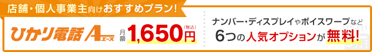 店舗・個人事業主向けおすすめプラン！ひかり電話A（エース）月額1,650円（税込）ナンバー・ディスプレイやボイスワープなど6つの人気オプションが無料！